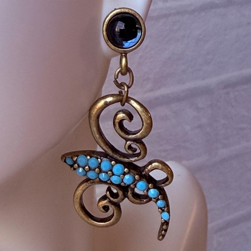Vintage Y2K Chico's Turquoise Brass Scroll‎ Drop Earrings with Blue Stone Chicos
